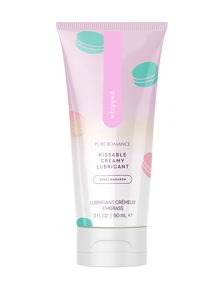 Tube of sweet macaron kissable creamy lubricant with pastel macaron designs, 90 ml size