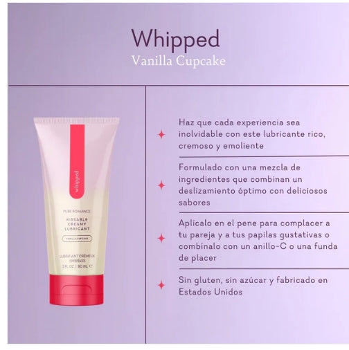 Tube of whipped vanilla cupcake flavored kissable lubricant with product details in Spanish.