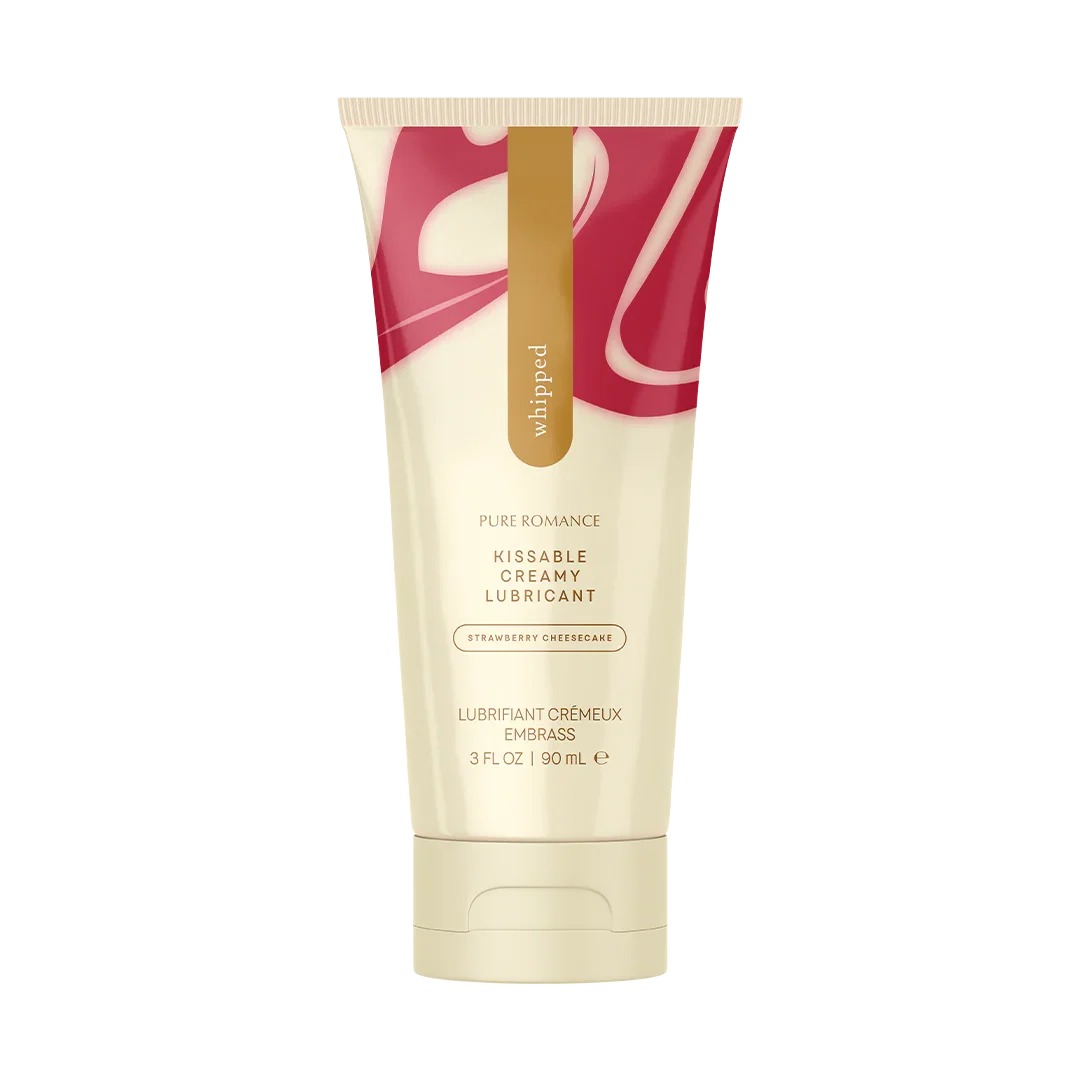 Strawberry cheesecake flavored kissable creamy lubricant in a beige and pink tube, 90 ml.