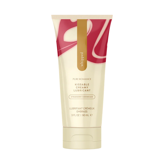 Strawberry cheesecake flavored kissable creamy lubricant in a beige and pink tube, 90 ml.