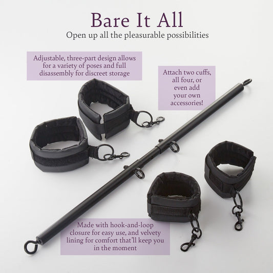 Adjustable black spreader bar with four soft wrist or ankle cuffs, ideal for couples wellness and massage accessory.