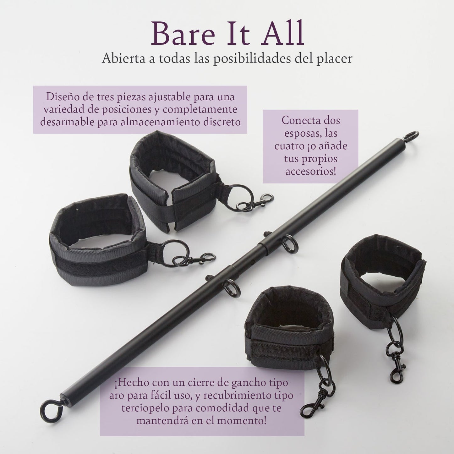 Adjustable black spreader bar with four padded cuffs, suitable for wellness and intimacy.
