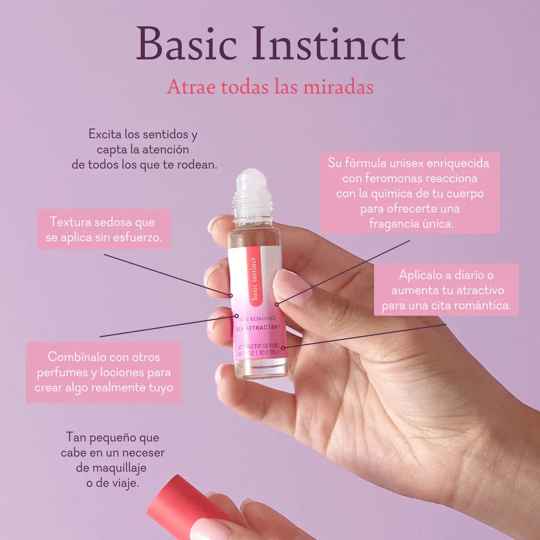 Hand holding Basic Instinct pheromone fragrance roll-on for attraction and personal care