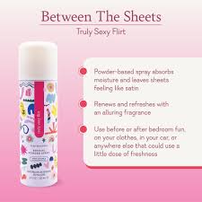 Between The Sheets powder spray with colorful design, described for freshness and fragrance.