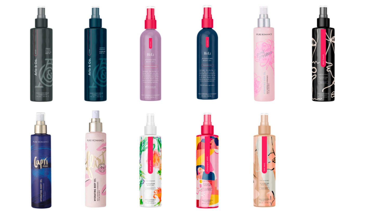 Ten assorted body oils in colorful spray bottles for skincare and hydration