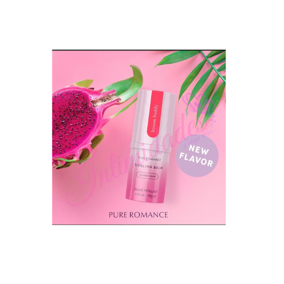 Pure Romance Bosom Buddy tingling balm with dragon fruit, pink background, new flavor label