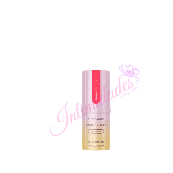 Pure Romance Bosom Buddy tingling balm in piña colada flavor, skincare product on white background