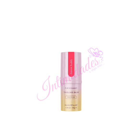Pure Romance Bosom Buddy tingling balm in piña colada flavor, skincare product on white background