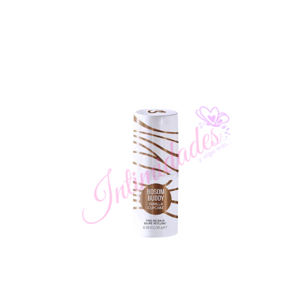 Bosom Buddy vanilla cupcake scented balm stick with gold striped design, intimate care product