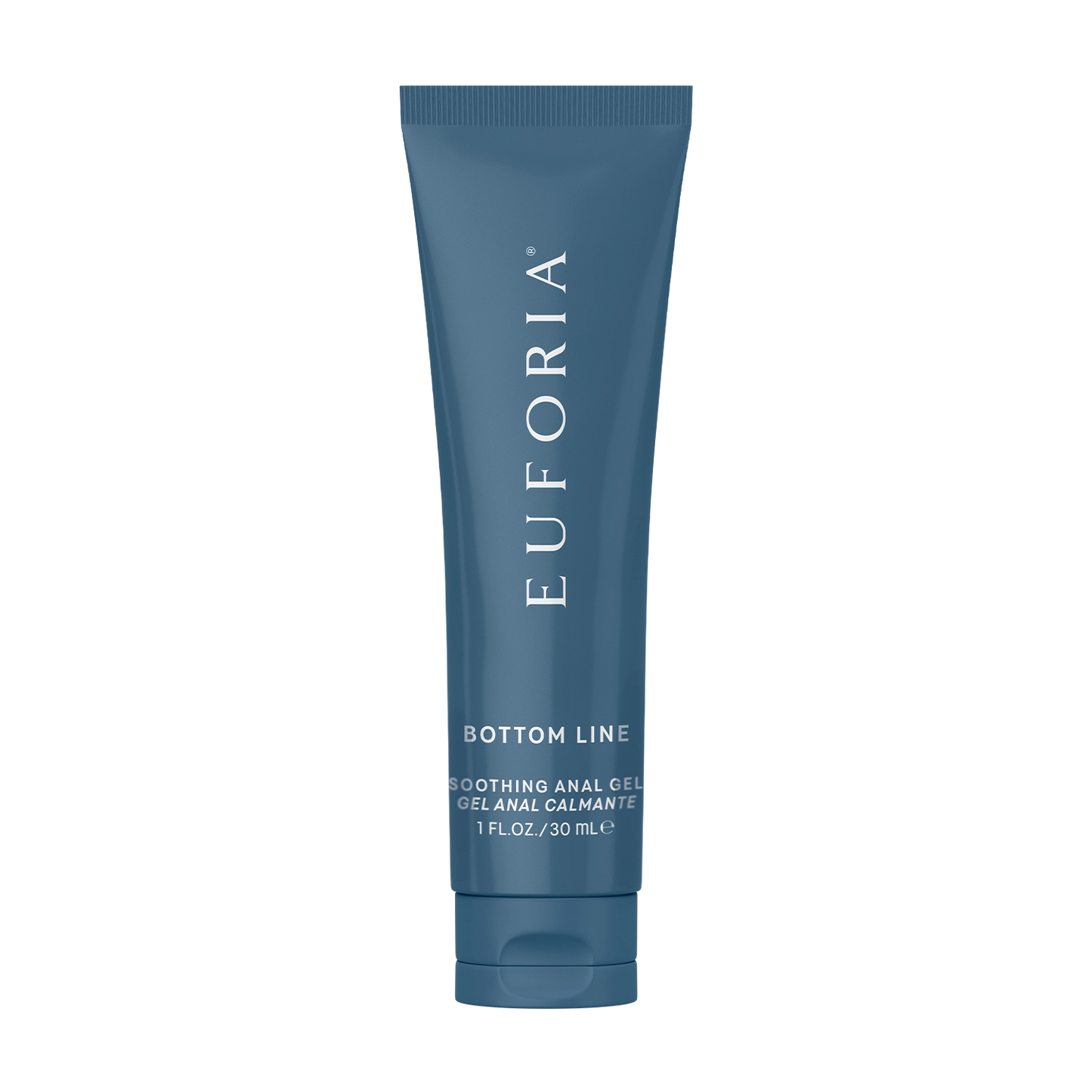 Blue tube labeled 'Euforia Bottom Line Soothing Anal Gel,' 30ml personal care product.