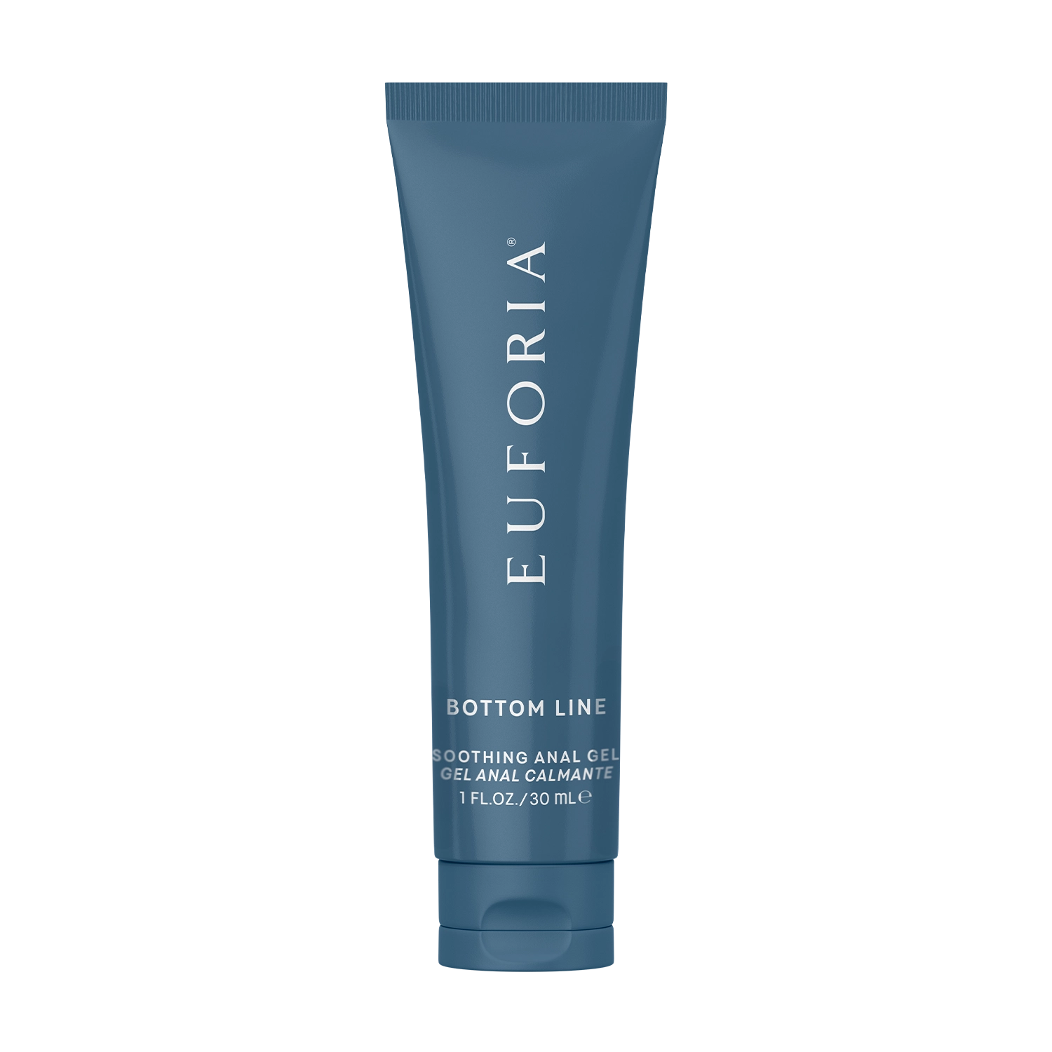 Blue tube labeled 'Euforia Bottom Line Soothing Anal Gel,' 30ml personal care product.