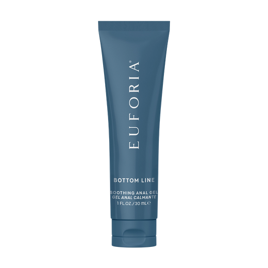 Blue tube labeled 'Euforia Bottom Line Soothing Anal Gel,' 30ml personal care product.