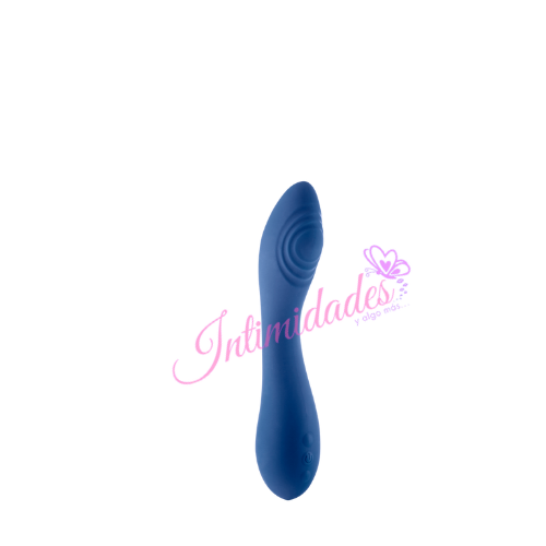 Blue silicone personal massager with curved design and textured surface