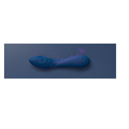 Blue silicone personal massager with curved design on a dark background