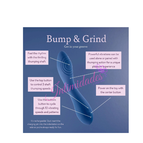 Blue ergonomic vibrator with labeled buttons and features for customizable massage and pleasure.