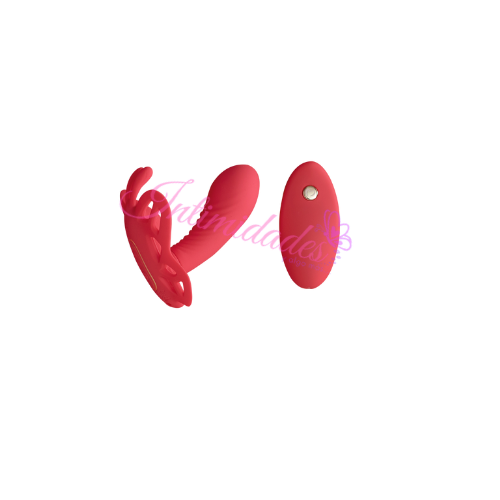 Red silicone butterfly-shaped massager with separate wireless remote control.
