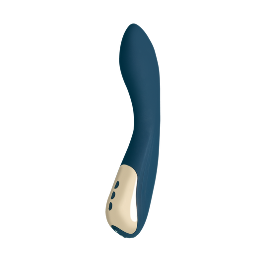 Curved blue and gold personal massager with ergonomic design and three control buttons