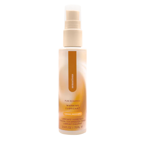 Caramel Macchiato warming lubricant bottle with pump, labeled sensations, 2.5 fl oz size