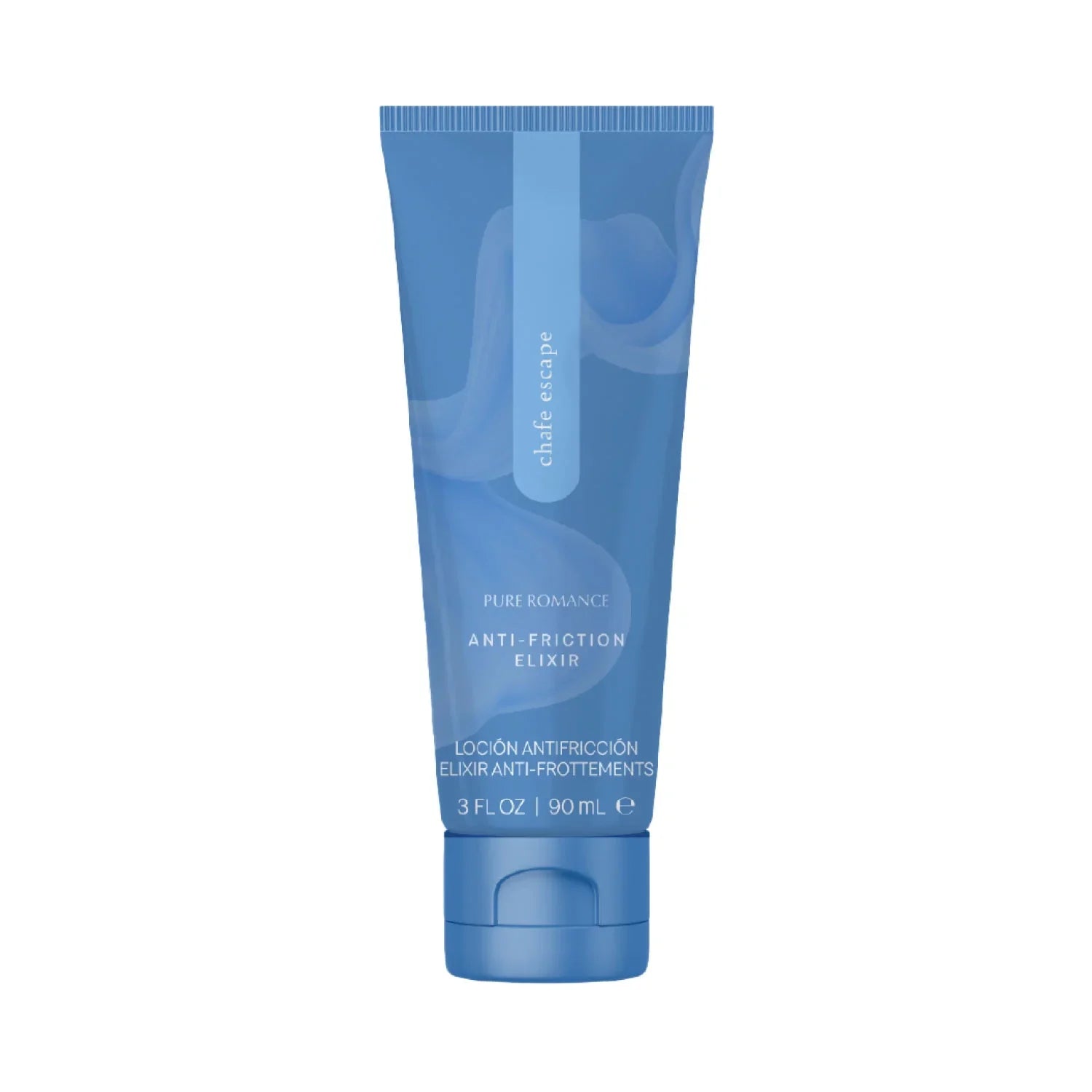 Blue tube of anti-friction elixir lotion for skin care, 90ml size, on white background