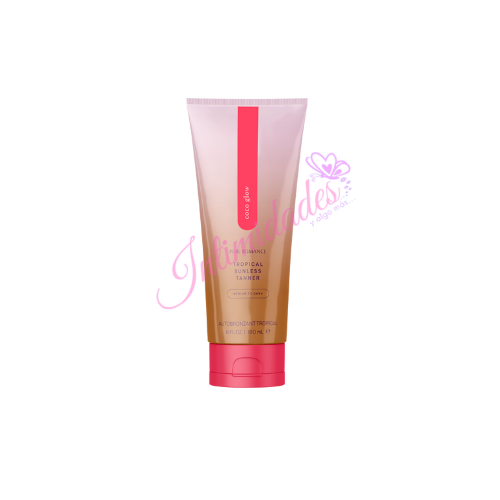 Tube of self-tanning lotion for medium to dark skin, with pink and gold packaging, isolated.
