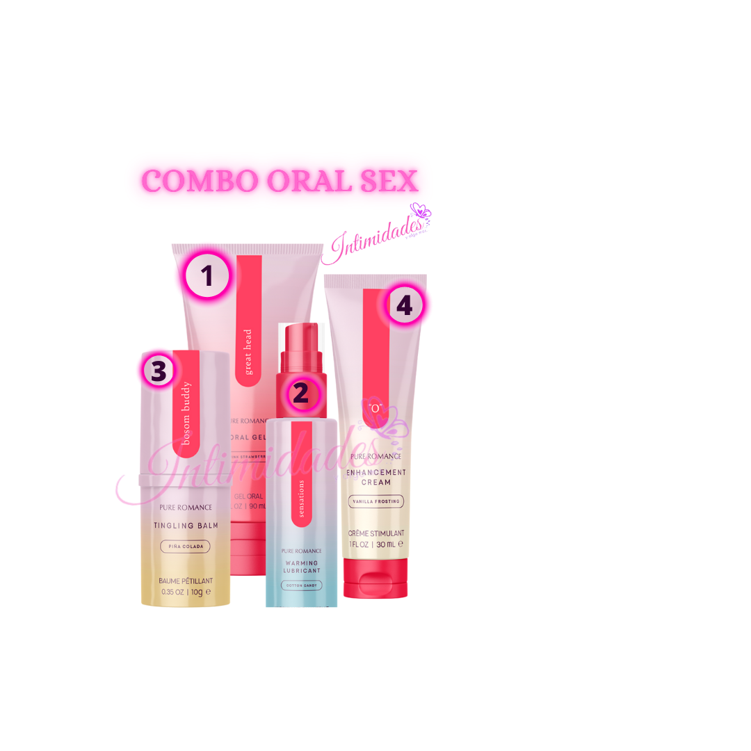 Combo pack with four pink personal wellness products labeled for oral pleasure, numbered 1 to 4.