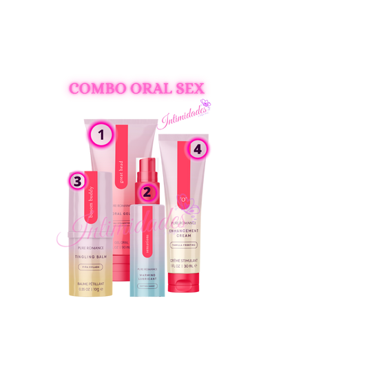 Combo pack with four pink personal wellness products labeled for oral pleasure, numbered 1 to 4.