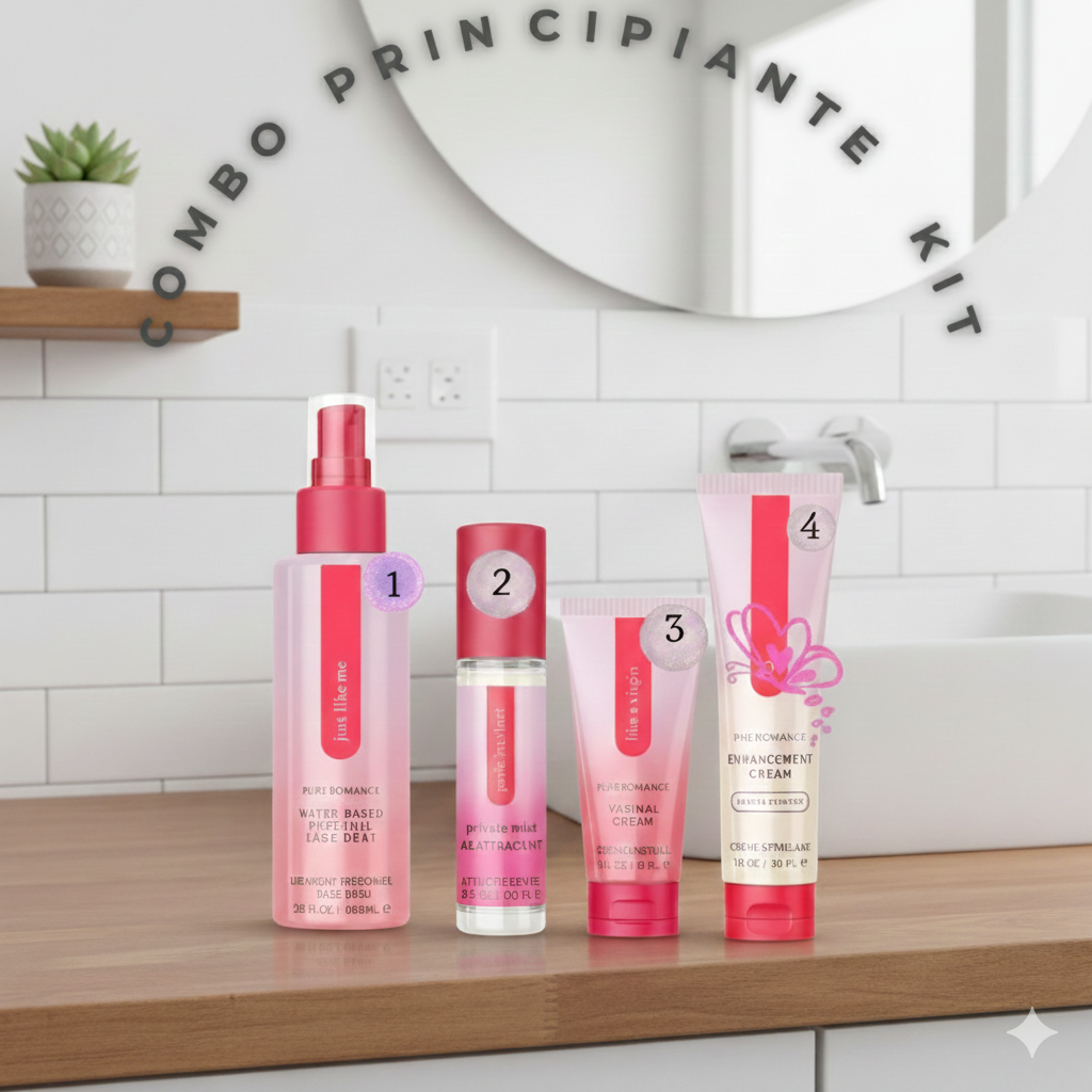 Beginner skincare and wellness combo kit with four pink beauty products on a bathroom counter.