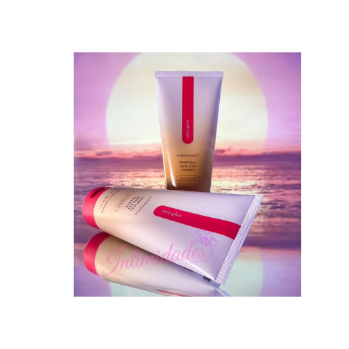 Two skincare cream tubes on a reflective surface with a sunset beach background