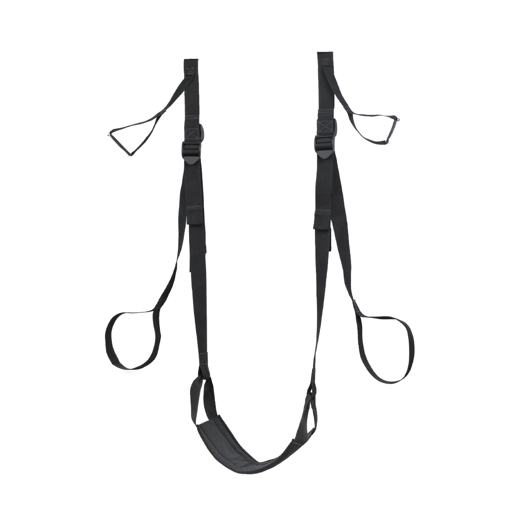Adjustable black harness with straps and loops for support and comfort