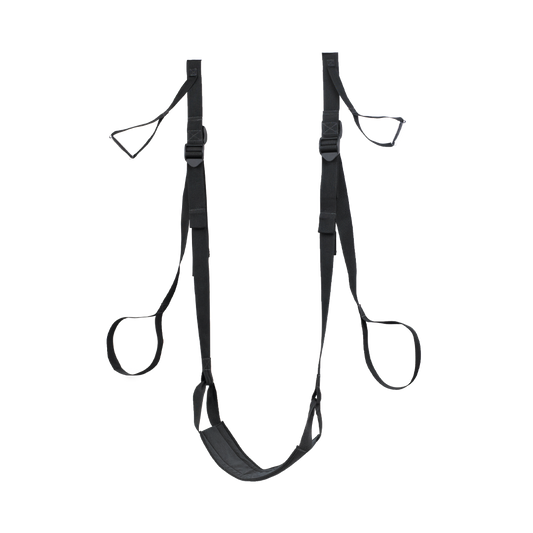 Adjustable black harness with straps and loops for support and comfort