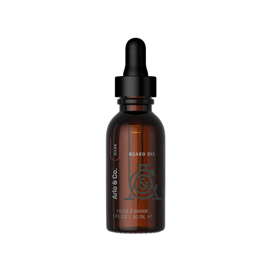Amber glass bottle of beard oil with dropper, labeled Arlo & Co. Atlas, 30 ml.