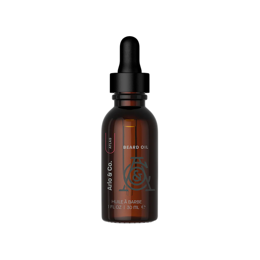 Amber dropper bottle labeled beard oil for grooming and skin care, 30ml size