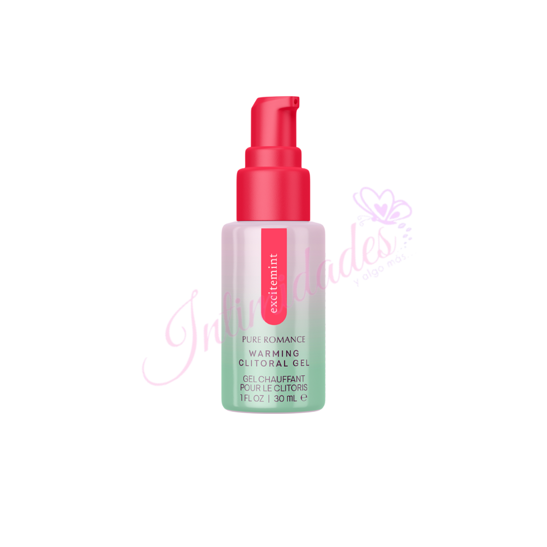 Excitemint warming clitoral gel in a clear pump bottle with red cap and pink label.