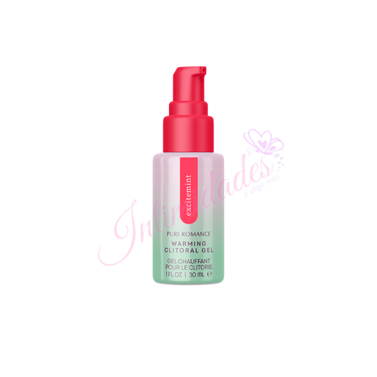 Excitemint warming clitoral gel in a clear pump bottle with red cap and pink label.