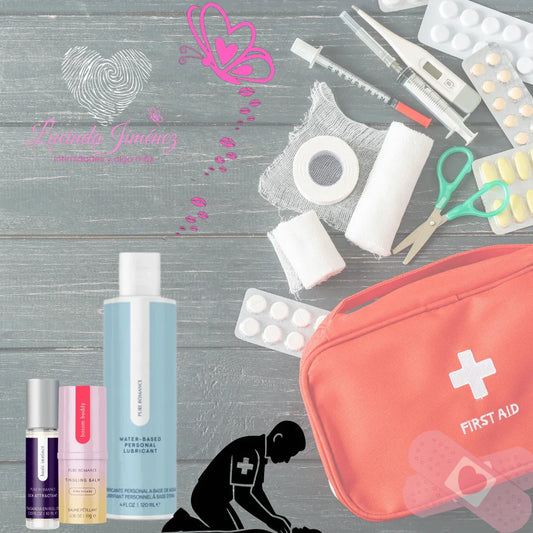 First aid kit with medical supplies, water-based lubricant, and wellness products on wood background