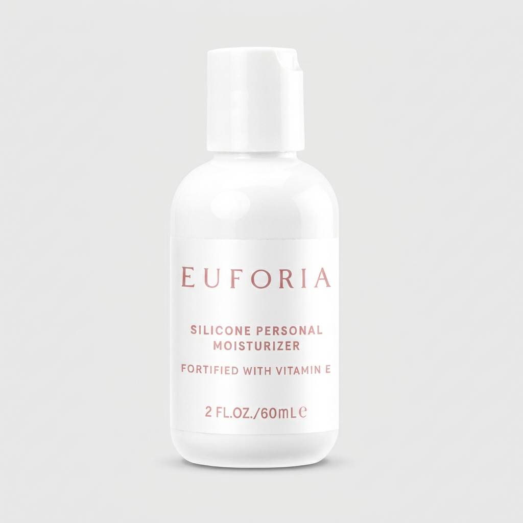 Frasco Euforia de lubricante de silicona con vitamina E, 60 mL, centrado sobre fondo claro
