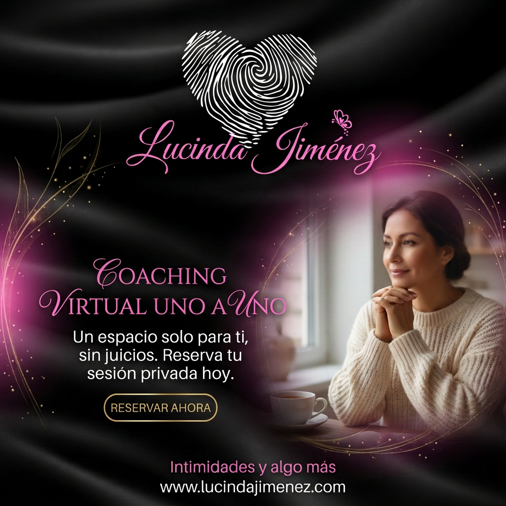 Imagen promocional elegante de coaching virtual uno a uno con Lucinda Jiménez, en español