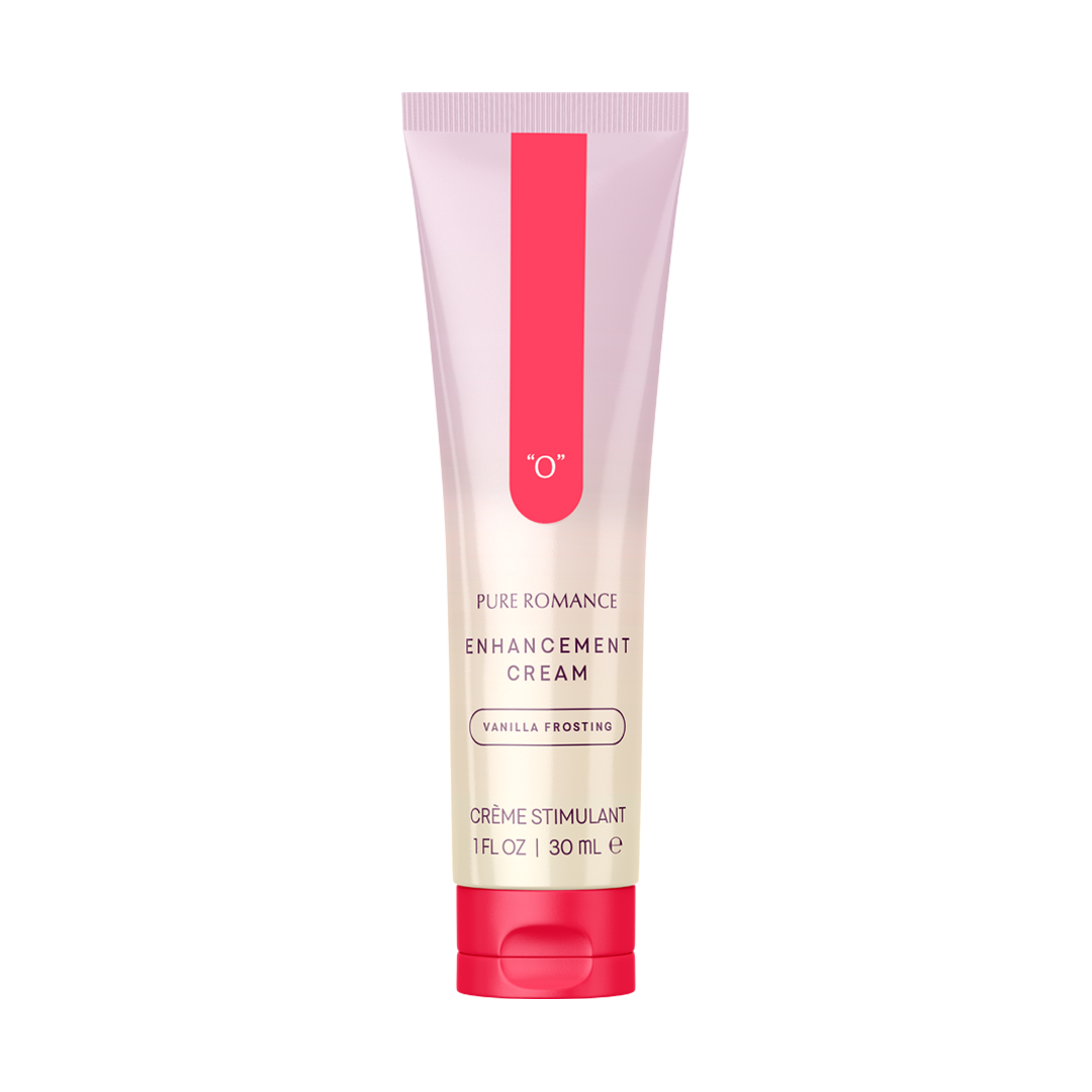 Tube of Pure Romance enhancement cream vanilla frosting, 30ml, on white background