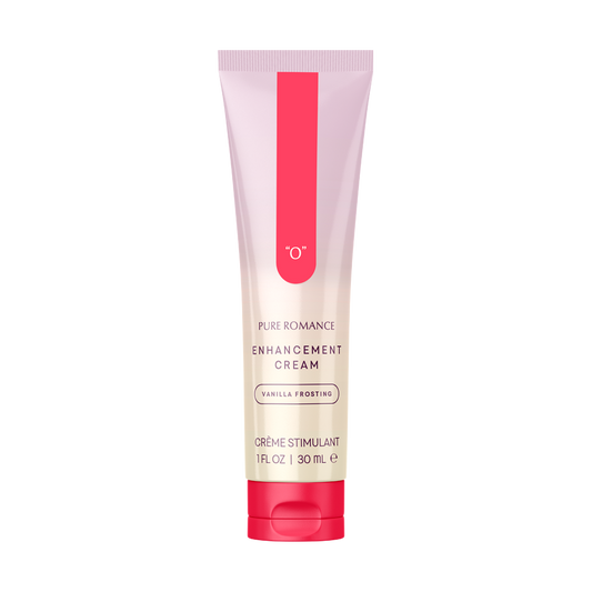 Tube of Pure Romance enhancement cream vanilla frosting, 30ml, on white background