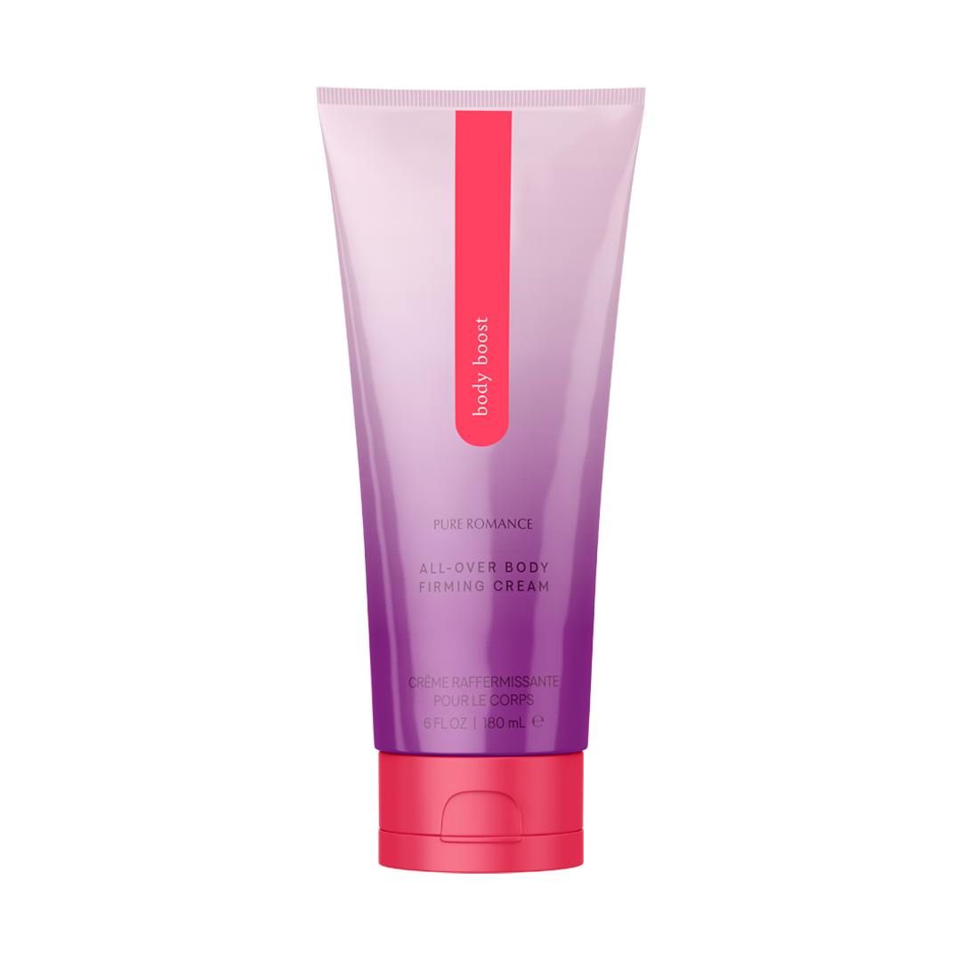 Body firming cream tube with pink and purple gradient packaging, labeled 'Body Boost'.