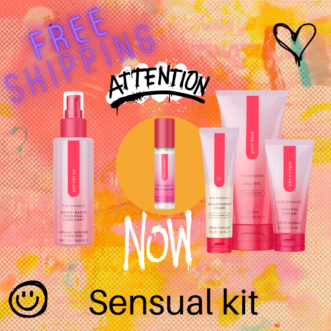 Sensual kit with water-based lubricant, enhancement cream, oral gel, vaginal cream, and fragrance, displayed on a colorful background with 'Free Shipping' text.