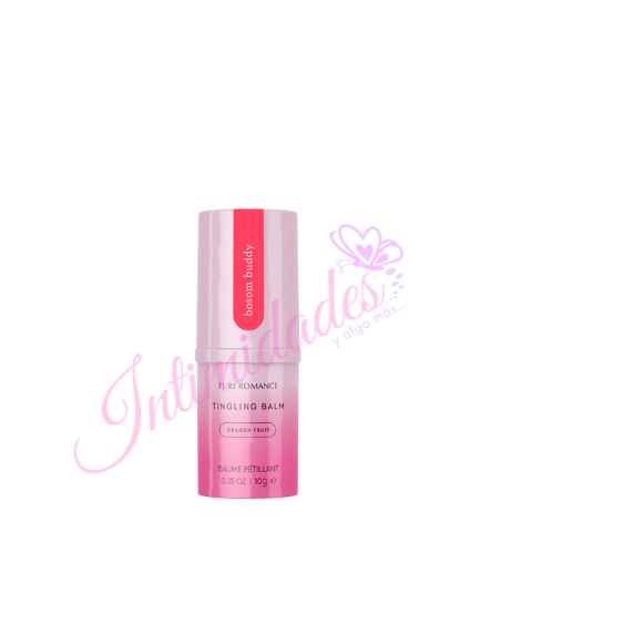 Pink tingling balm stick for skin care, labeled dragon fruit, on a pink gradient background.
