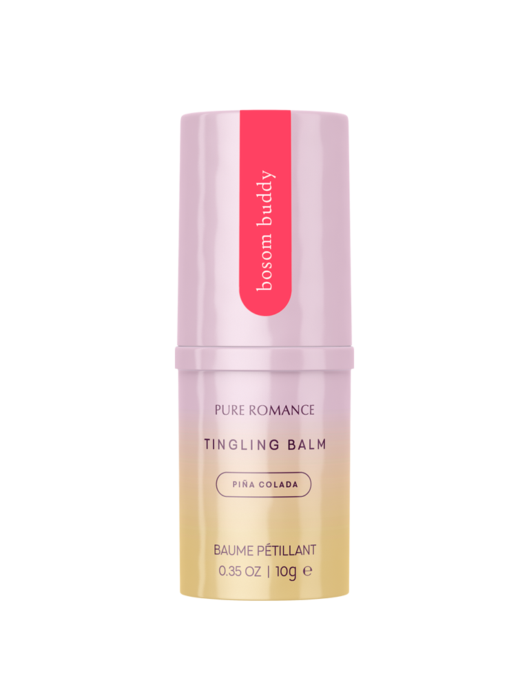 Pure Romance Tingling Balm Piña Colada, 10g sensual care product in pink and yellow packaging