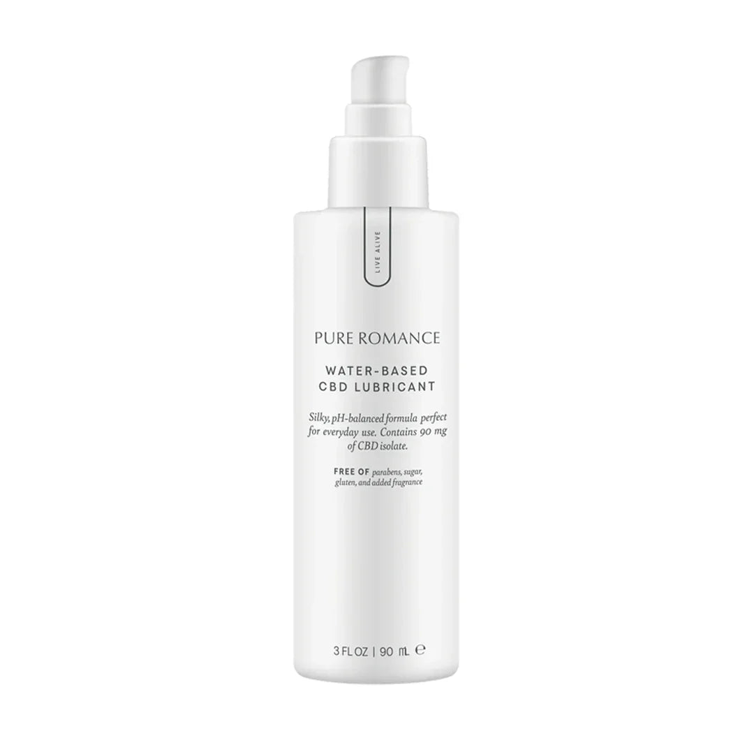 White bottle of water-based CBD lubricant with pump dispenser, 90 ml size