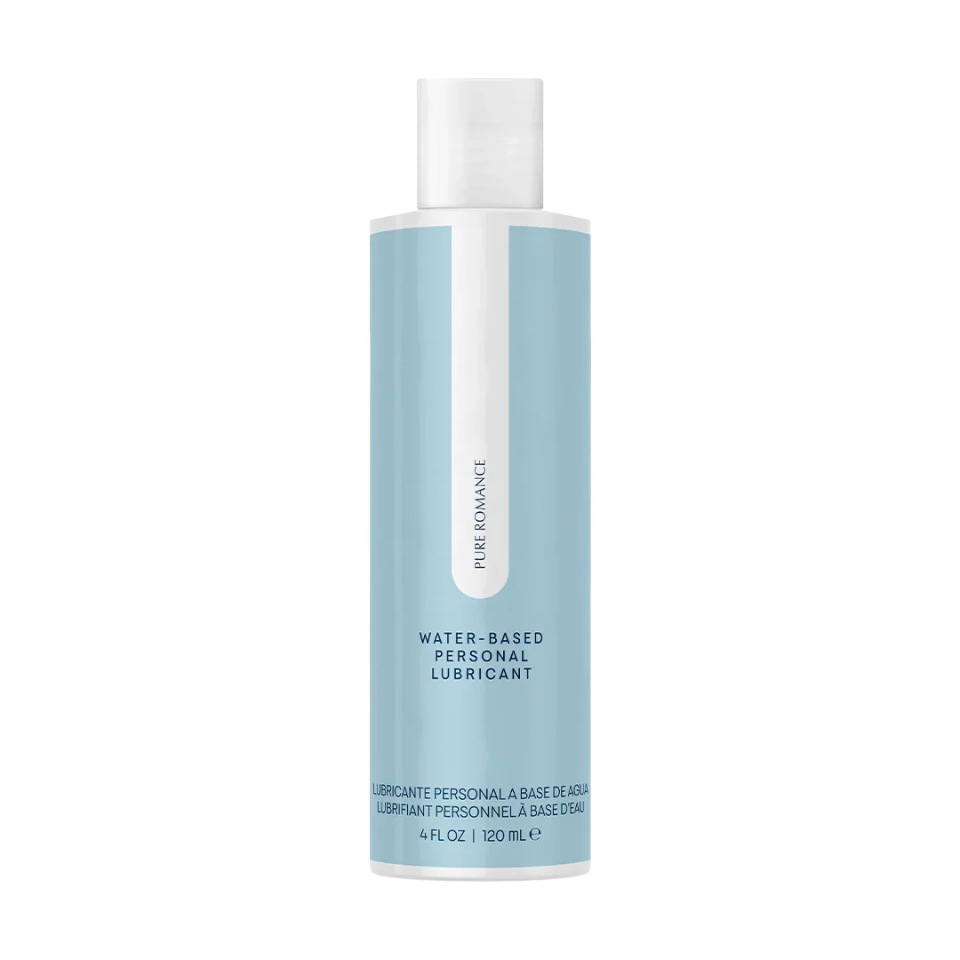 Water-based personal lubricant bottle, 4 fl oz, blue and white packaging, isolated on white