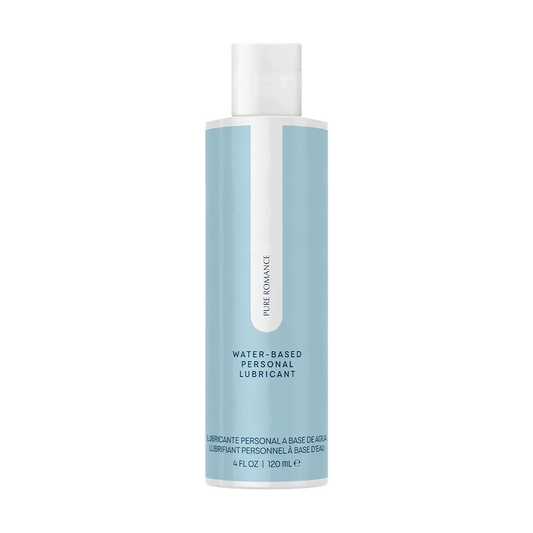 Water-based personal lubricant bottle, 4 fl oz, blue and white packaging, isolated on white