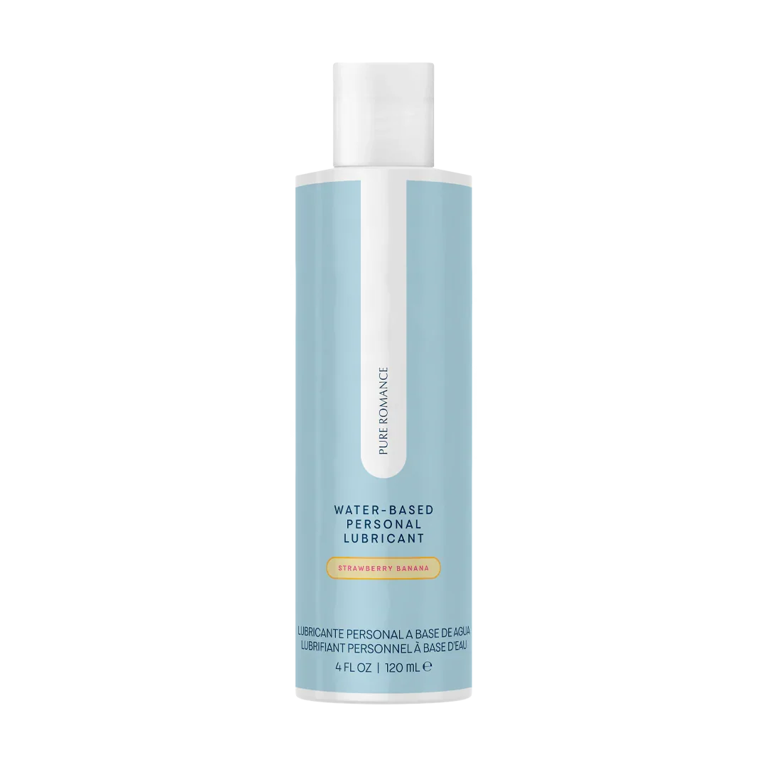 Water-based personal lubricant strawberry banana flavor in a blue 120ml bottle