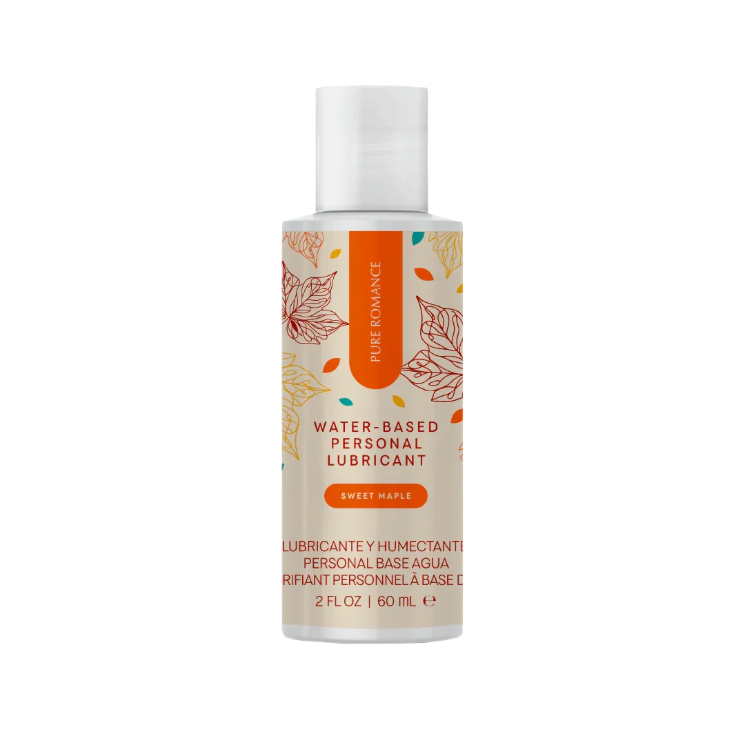 Water-based personal lubricant sweet maple in a 60ml bottle with leaf design.