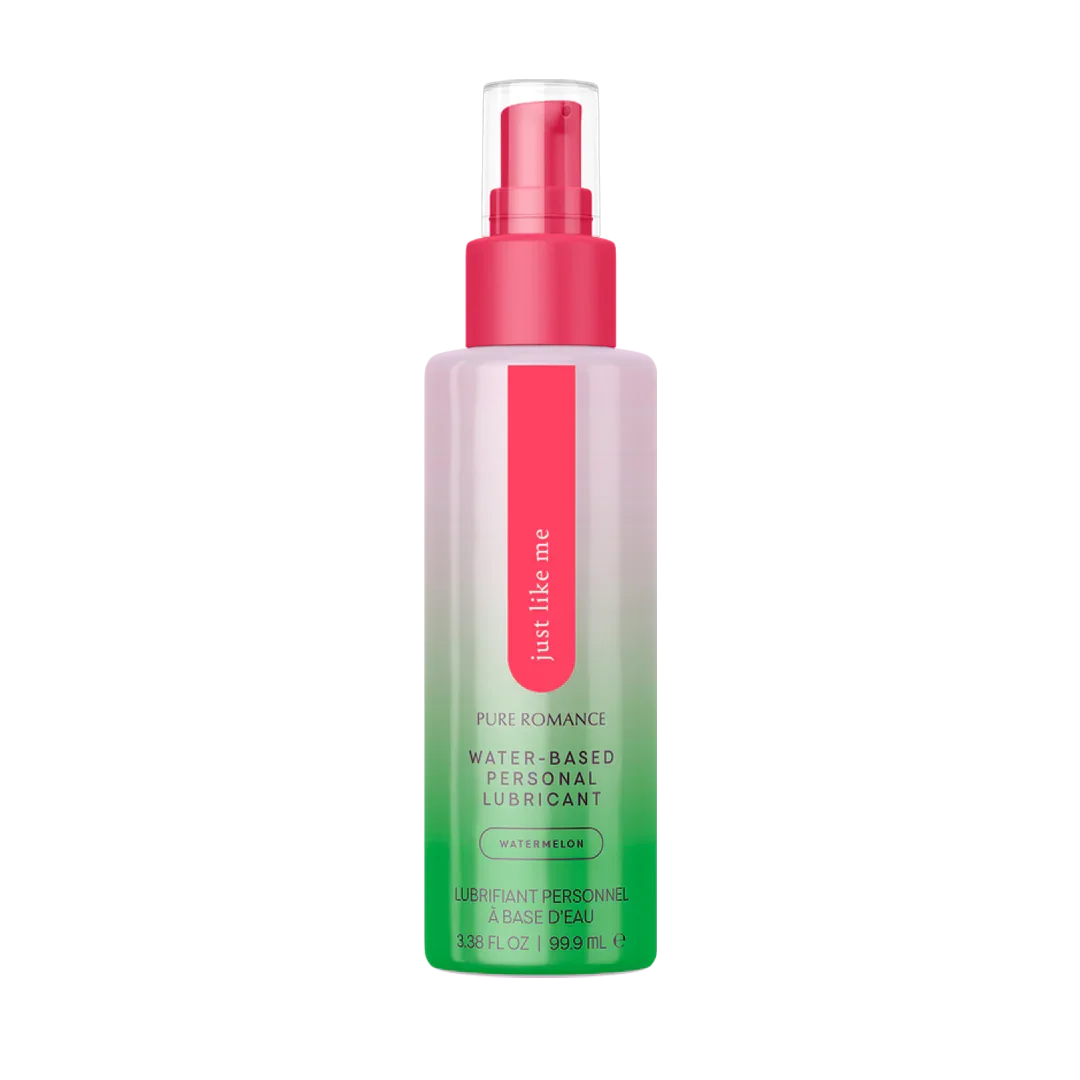 Watermelon water-based personal lubricant bottle with pink pump and gradient label