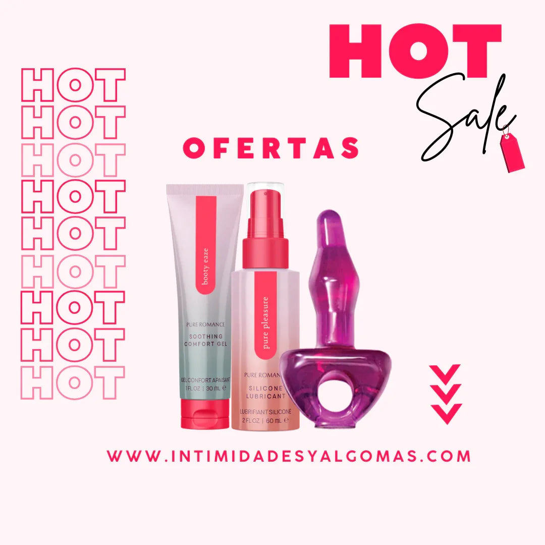Body care gel, silicone lubricant, and purple intimate toy with 'HOT SALE offers' text on a pink background.